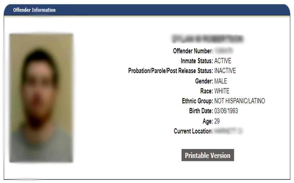 A screenshot of an offender's mugshot showing North Caroline residents can view criminal record images online through county resources. 