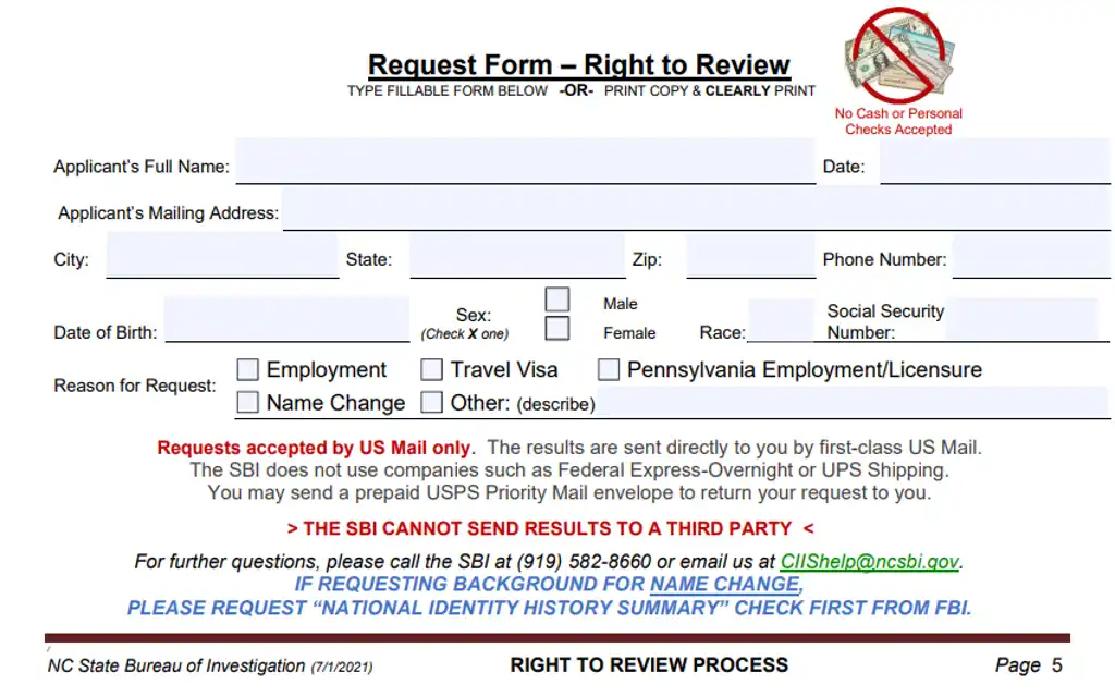 A request or right to review form to run a warrant check for free in NC. 