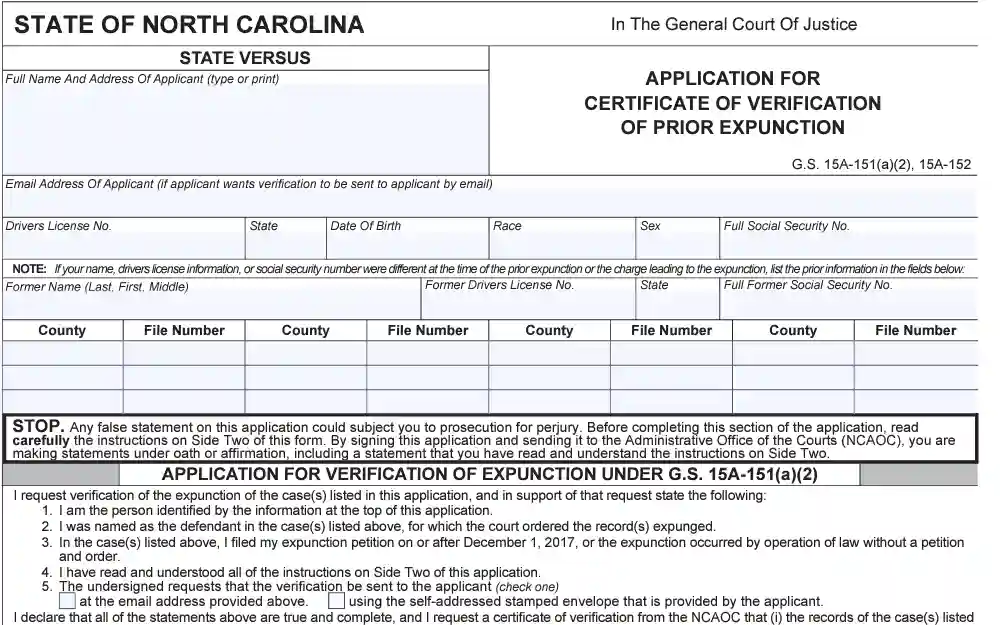 A screenshot of the form of the application for certificate of verification of prior expunction.