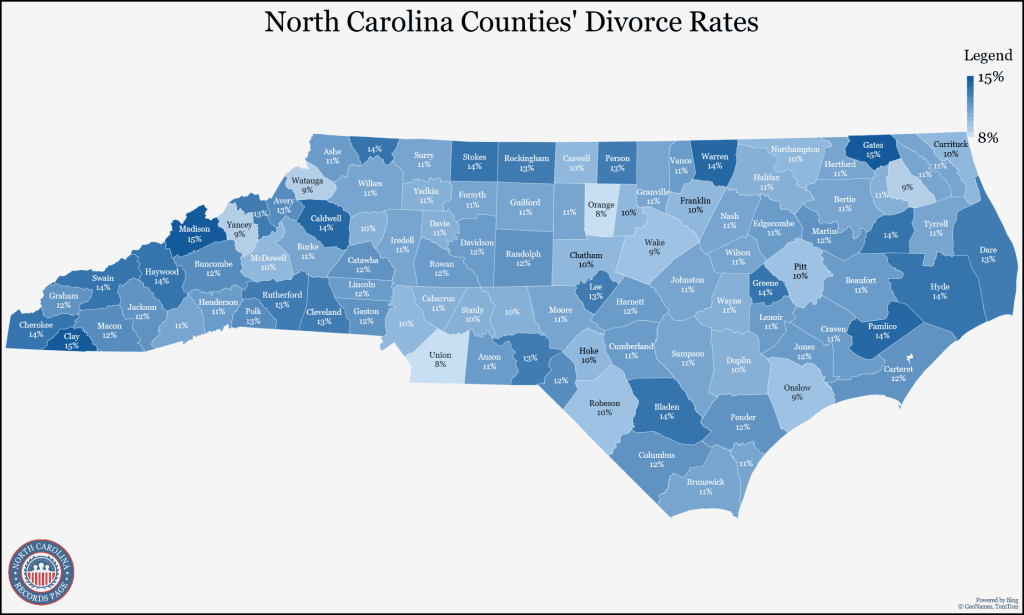 An image showing the map of the North Carolina state with divorce rates of each county (5-year estimates in 2021).
