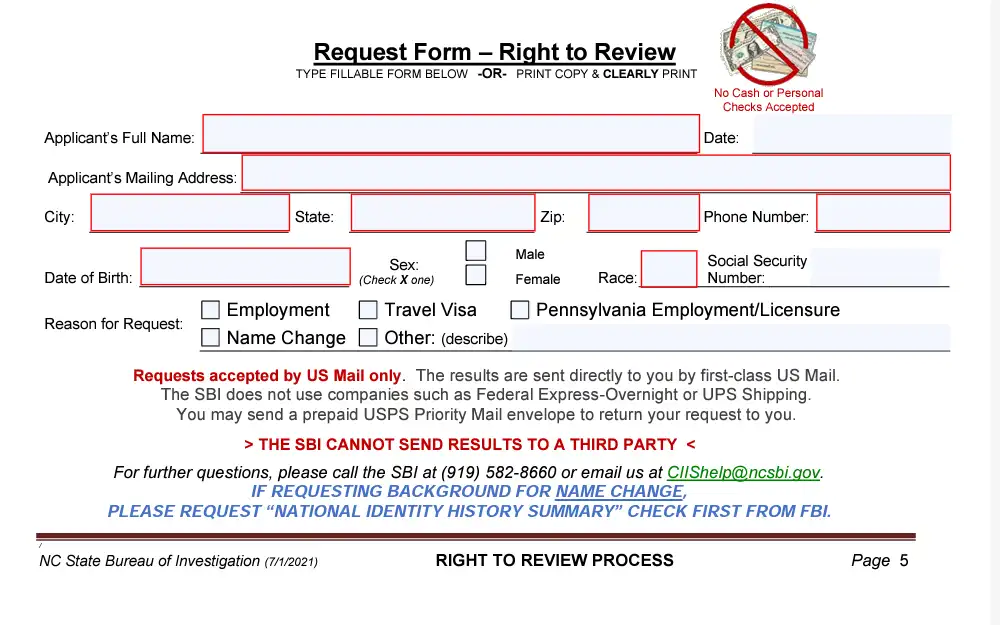 A screenshot of the Request Form-Right to Review where members of the public should fill to run a criminal history check with the NCSBI which will also include warrant information. 