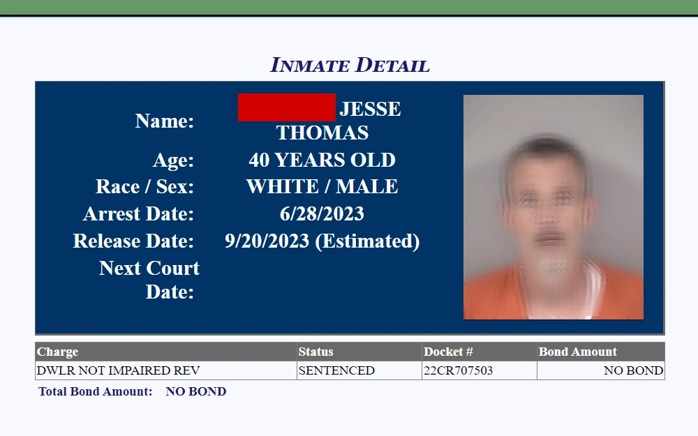 A screenshot of the inmate's detail provided by Cabarrus Sheriff's Office, which includes the name, age, race/sex, arrest date, release date, next court date, charge, etc.