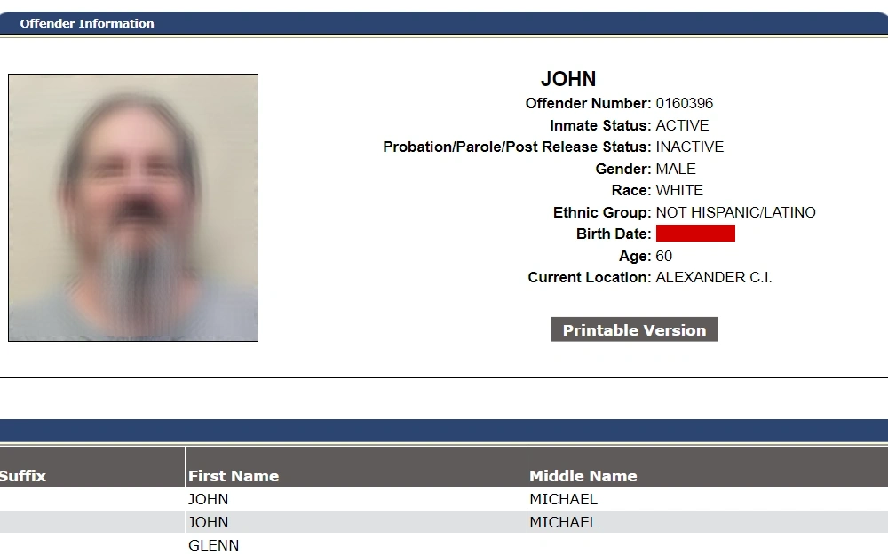 A screenshot of an offender's information which includes the name, offender, number, inmate status, gender, birthdate, age, race, etc.