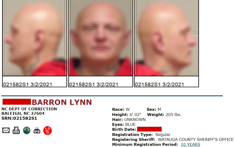 A screenshot of an offender's profile which includes the name, race, height, eyes, birthdate, registration type, etc.