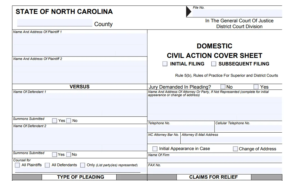 A screenshot of the Domestic Civil Action Cover Sheet from the North Carolina Judicial Branch requires input of plaintiff information like name, address, and filing type (initial/subsequent).