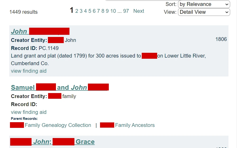 A screenshot of the search from the State Archives of North Carolina's online catalog returns 1,449 results; each result includes the individual's full name, record ID, and additional information available by clicking the links.
