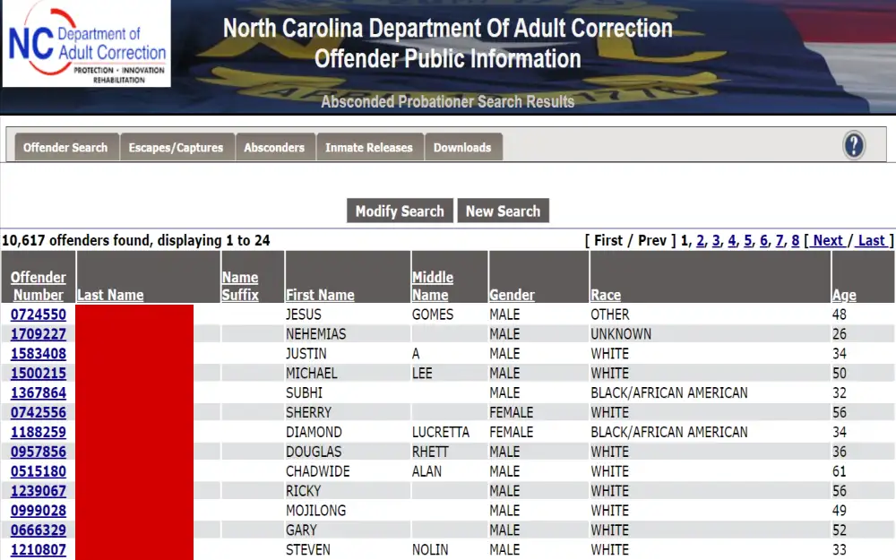 A screenshot showing the offender public information absconded probationer search results displaying the offender number, last name, suffix, first name, middle name, gender and race North Carolina Department of Adult Correction website.