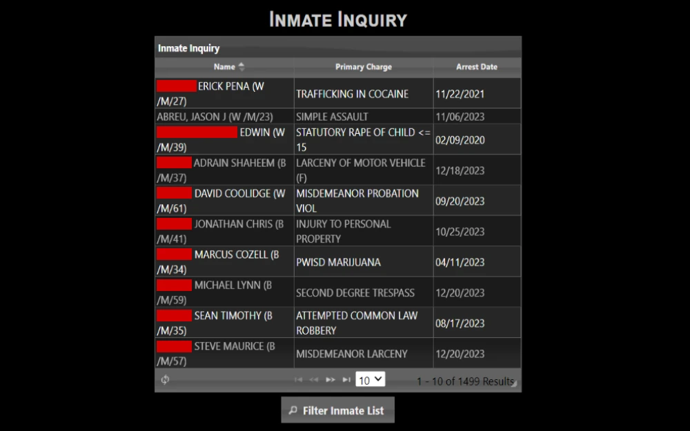 A screenshot displaying the inmate list from the inmate inquiry showing the full name, primary charge and arrest date from the Wake County Sheriff’s Office website.