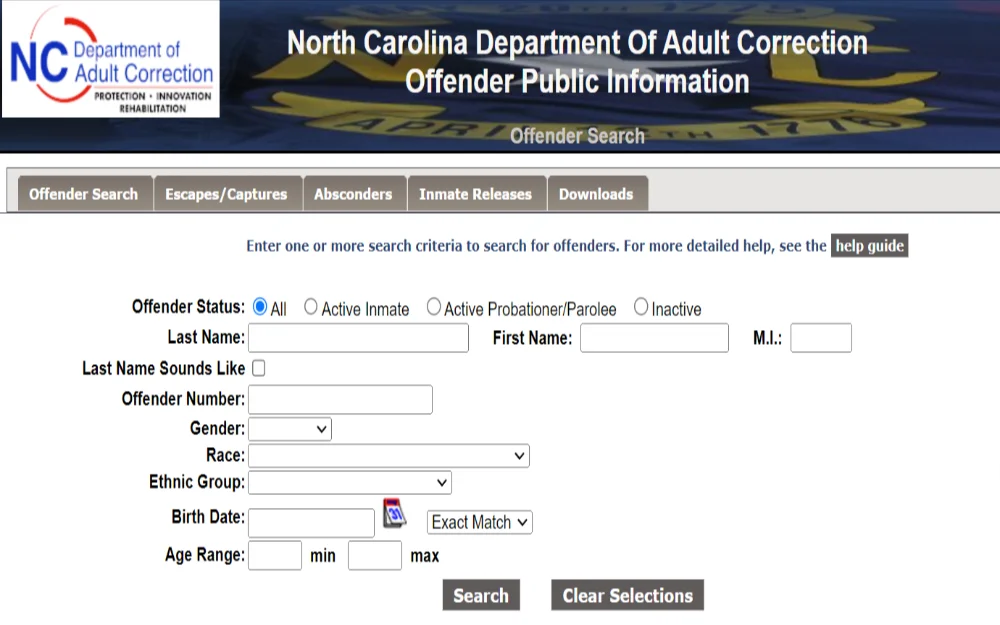 A screenshot displaying an offender search tool requiring some information offender status options to select, last name, first name, middle name, offender number, race, gender, ethnic group, birth date and age range.