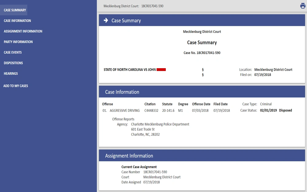 A screenshot displays a court case summary page from the Mecklenburg District Court, showing a case involving aggressive driving with the case number, offense details, agency reporting the offense, current case assignment, court location, filing dates, and case status marked as disposed of.
