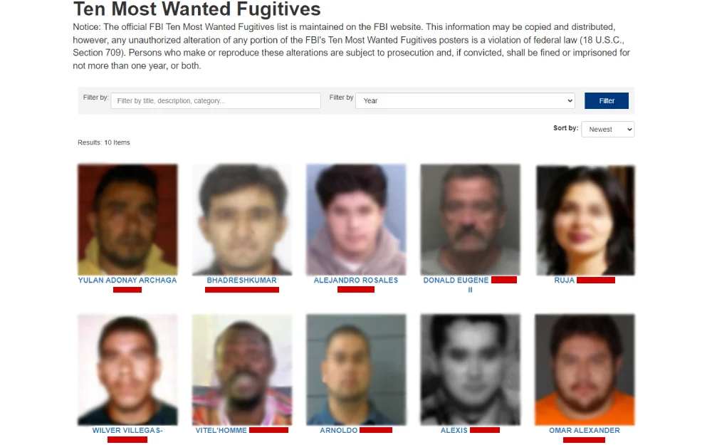 A screenshot from the Federal Bureau of Investigation displaying a list of the ten most wanted fugitives, including blurred photographs and names of individuals, with a notice emphasizing that the list is officially maintained on the FBI website and warning against unauthorized alteration of the information.