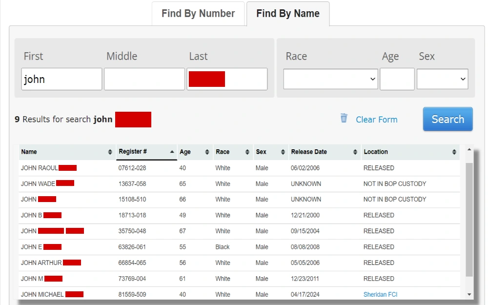 A screenshot of the inmate locator (find by name) fields: first, middle and last, race, sex and age, and search results also including the inmate's register number, release date and location from the Federal Bureau of Prisons website.