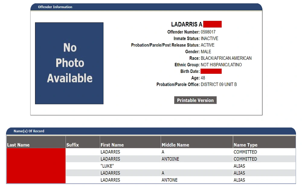A screenshot showing an offender's information from the North Carolina Department of Adult Correction website displaying a photo (if available), names of the record on a list, including the last name, suffix, first name, middle name, and name type.