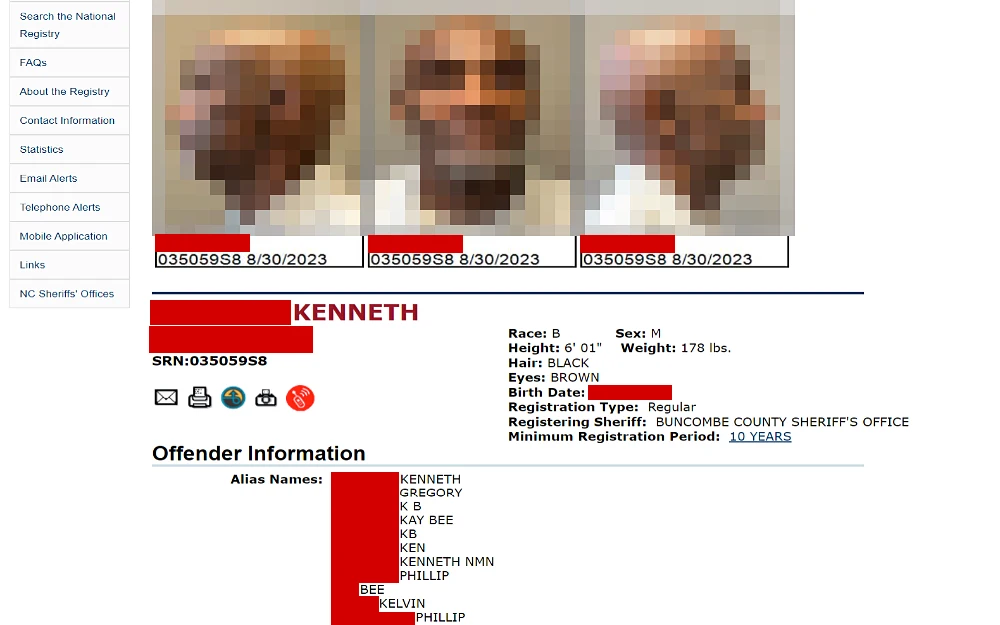 A screenshot from the North Carolina Sex Offender Registry website displaying an offender's information showing the mugshot photos, complete name, race, sex, height, weight, hair and eye color, birth date and, registration type and sheriff.