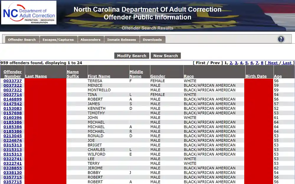 A screenshot displaying the North Carolina Department of Adult Correction offender public information search results, showing the list of offender numbers, last, suffix, first and middle name, gender, race, date of birth and age.