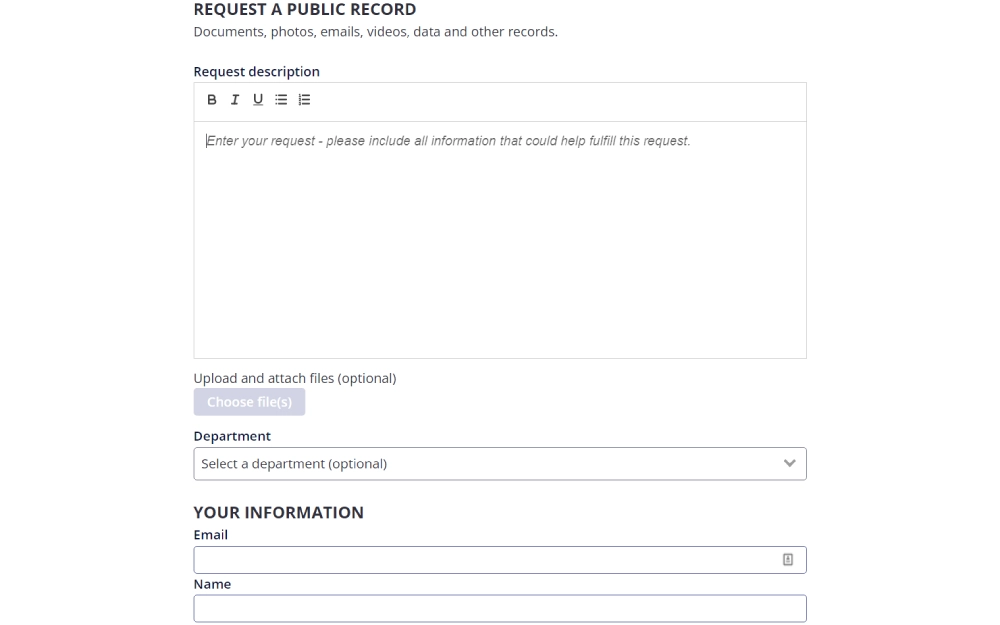 A screenshot from the Wake County Sheriff’s Office shows an online form for requesting public records, with a text box for entering the description of the request, an option to upload and attach files, a dropdown menu to select a department, and fields for the requester's email and name.