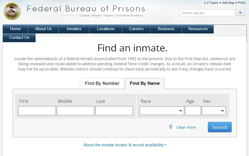 A screenshot from the Federal Bureau of Prisons website shows the find an inmate (inmate locator) by number and name (first, middle, and last name, race, age and sex).
