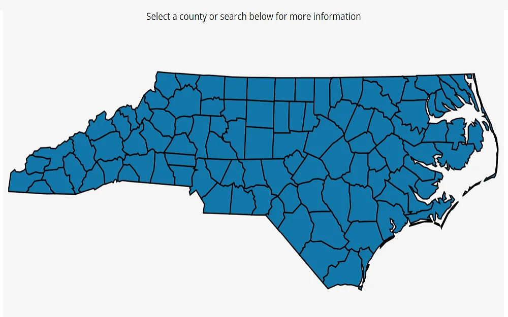 A county map showing where court records, such as free marriage, can be obtained in North Carolina.