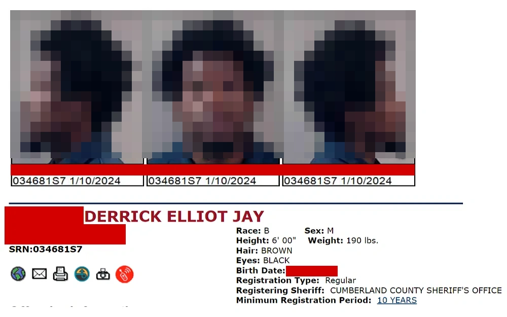 A screenshot of an offender's information showing mugshot photos and details such as name, address, SRN, race, height, weight, hair, eyes, birth date, registration type and sheriff.