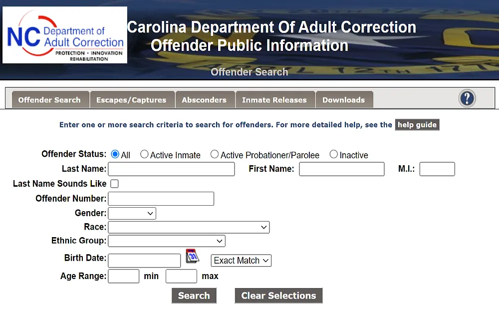 A screenshot of the offender search from the Carolina Department Of Adult Correction website uses criteria such as last name, first name, offender number, gender, race, ethnic group, birth date, and age range.