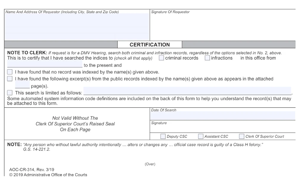 A screenshot shows a certified criminal record search request requiring details such as the requestor's name and address, city, state and zip code, and the requestor's signature from the State of North Carolina.