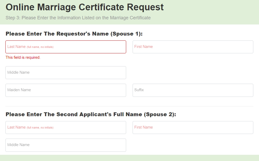 A screenshot from the Mecklenburg County Register of Deeds shows the third step of requesting a certified marriage certificate, with fields for the names of both spouses.