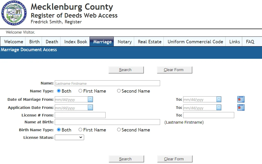 A screenshot of the marriage index search tool offered by the Mecklenburg Register of Deeds displays the fields for name, marriage and application date ranges, license number, name at birth, and license status. 