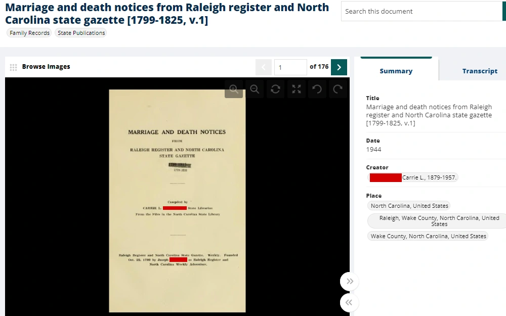 A screenshot taken from the State Archives of North Carolina displays a digital record of marriage and death notices from the Raleigh Register and North Carolina State Gazette 1799–1825, with the right side panel summarizing the document, including the title, date, creator, and place.