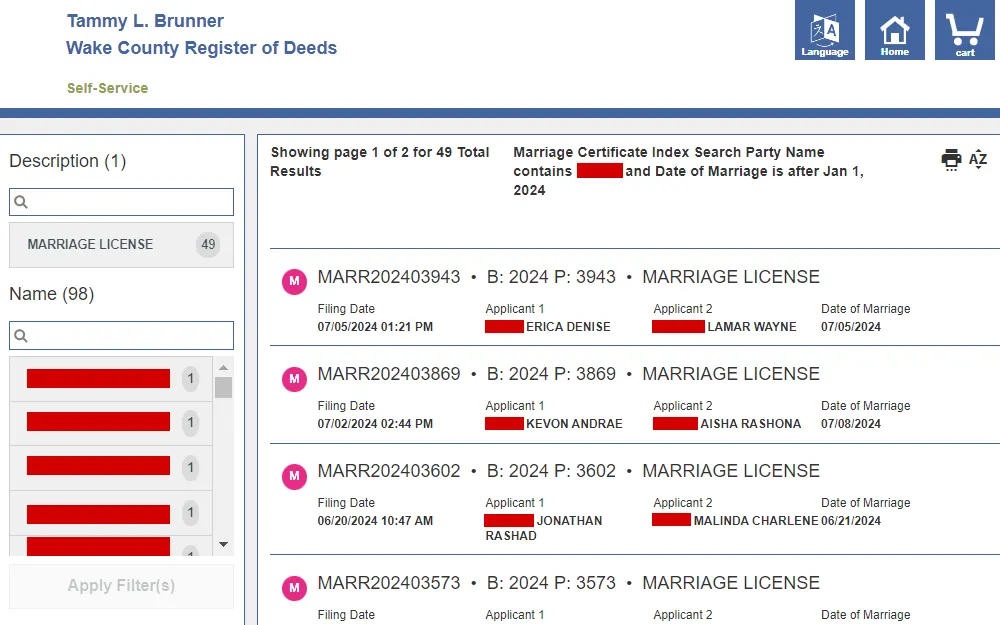 A screenshot of the marriage certificate index search from Wake County Register of Deeds self-service displays two sections: the filter and the results, which list the license numbers, book and page numbers, filed dates, names of applicants, and marriage dates.